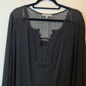 Daniel Rainn blk blouse with lace/embroidery neckline. Swiss dot back detail. 2X